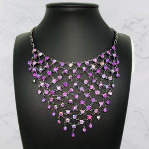 BEAUTIFUL!! Mesh Collar Cascade Purple Rhinestones Gunmetal Reversable Necklace